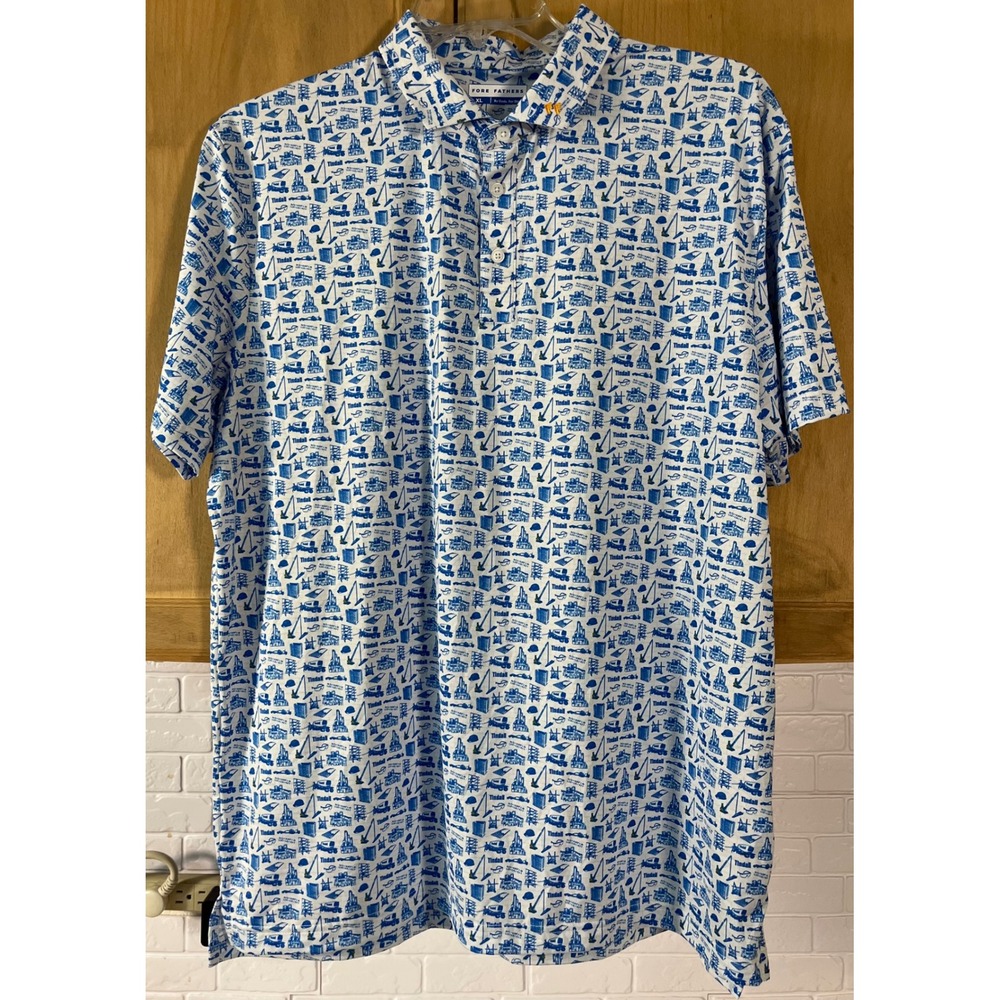 Fore Fathers Polo Shirt Mens XL White Blue Construction‎ Print Tindall SS
